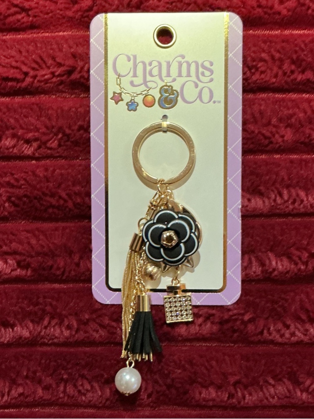 Black Floral Tassel Keyring Bagcharm with Gold Accents